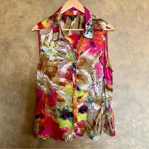 ​Conrad C | Silky Sleeveless Button Down | Vibrant Tropical Print | 16